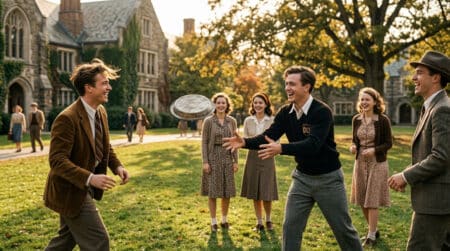 Étudiants américains lançant un moule à tarte en 1930