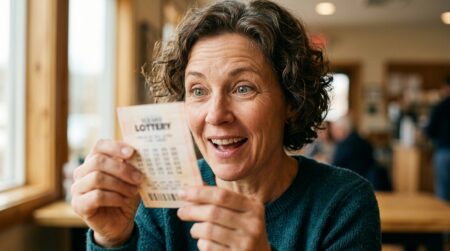 Homme stupéfait tenant un ticket de loterie gagnant