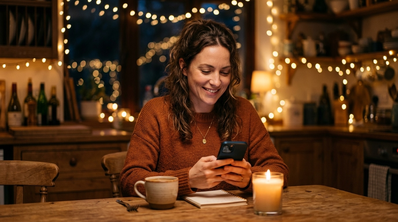 Femme souriante consultant son application bancaire le soir