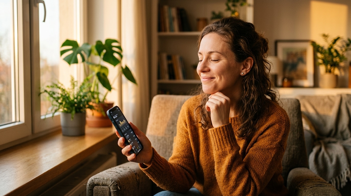 Femme soulagée devant son téléphone après une bonne nouvelle financière