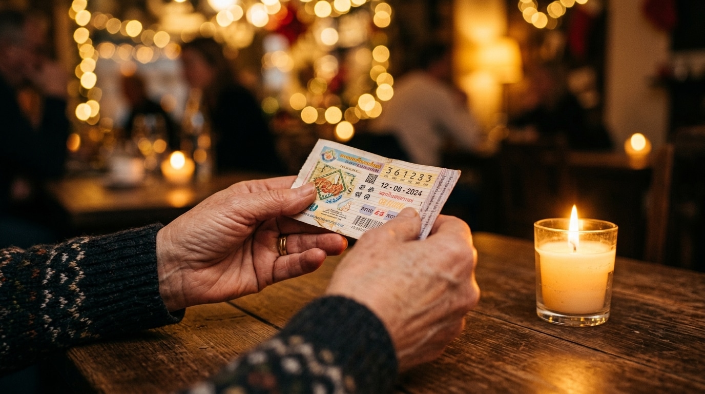 Ticket de loterie tenu près d'une bougie dorée allumée