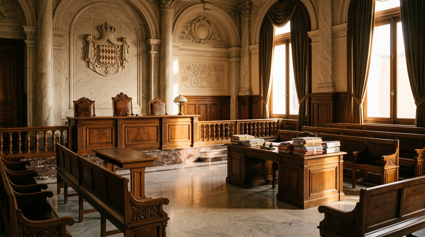 Intérieur du tribunal suprême de Monaco avec dossiers judiciaires