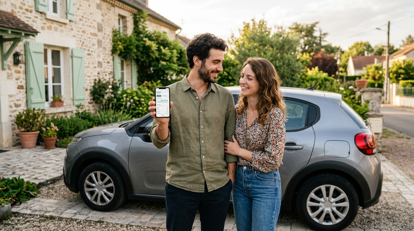 Couple souriant devant leur voiture avec un smartphone