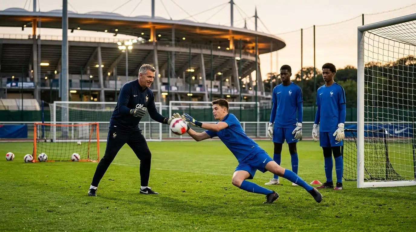 Fabien Barthez entraîne des gardiens sur le terrain