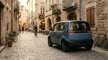 Petite citadine électrique garée en ville au coucher du soleil