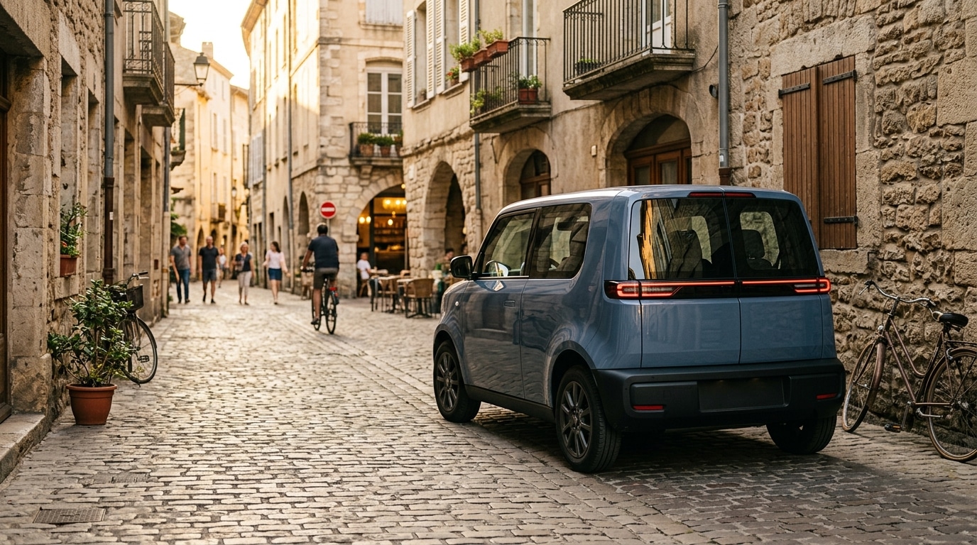 Petite citadine électrique garée en ville au coucher du soleil