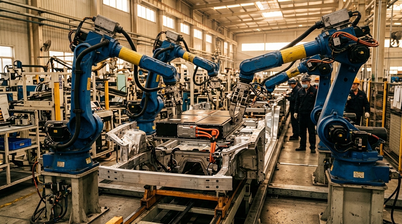 Chaîne de montage automobile avec bras robotisés en usine