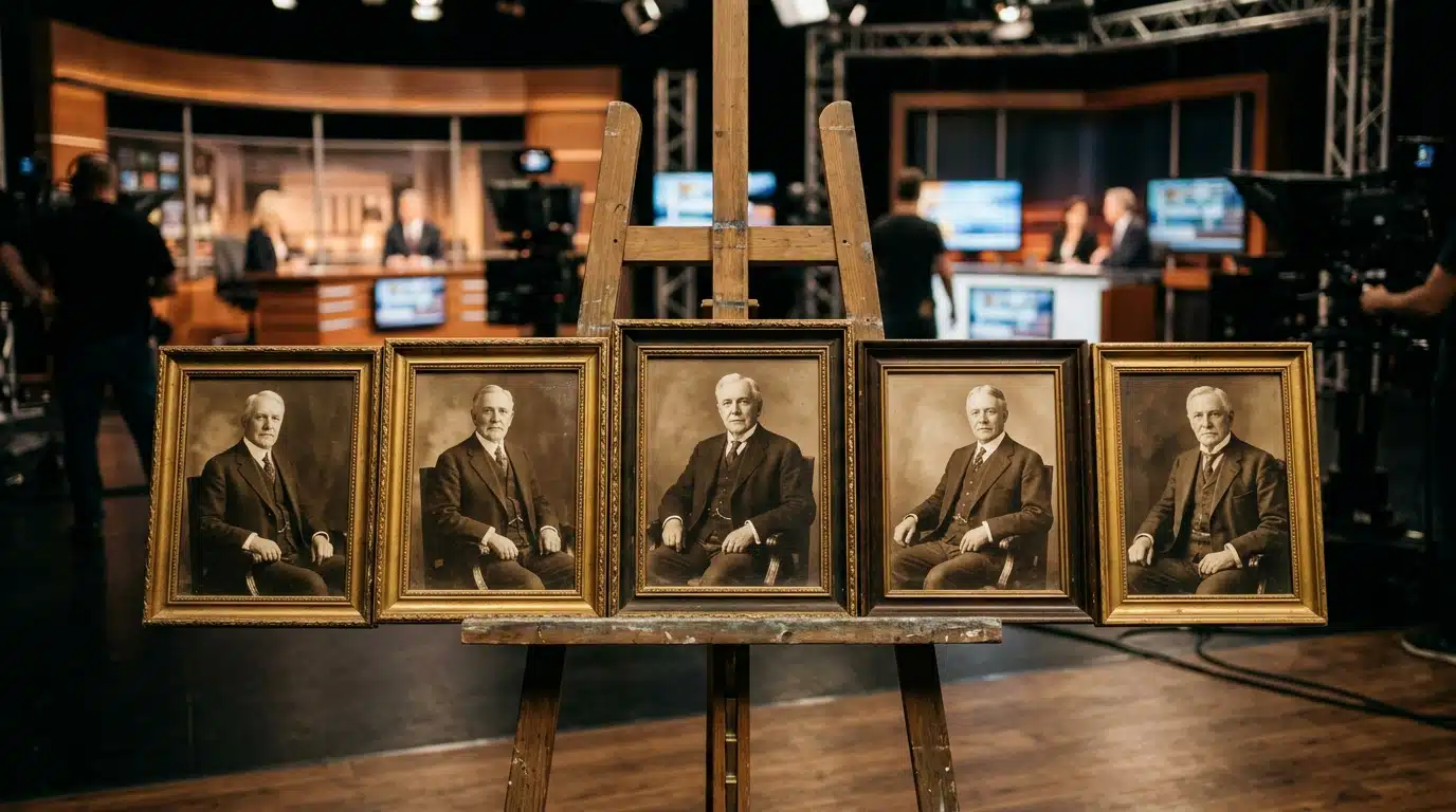 Cadres de portraits présidentiels sur plateau télévisé flou
