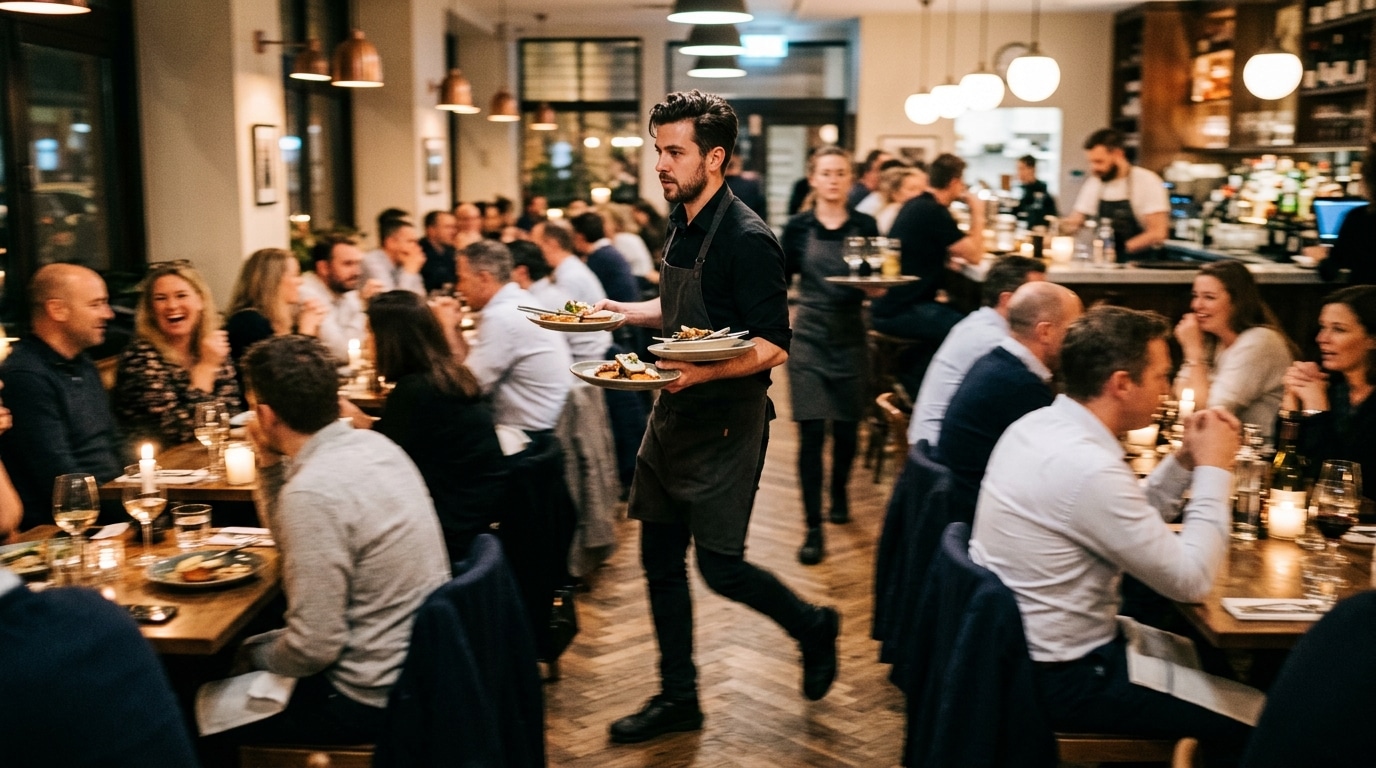 Serveur portant des assiettes entre les tables d'un restaurant