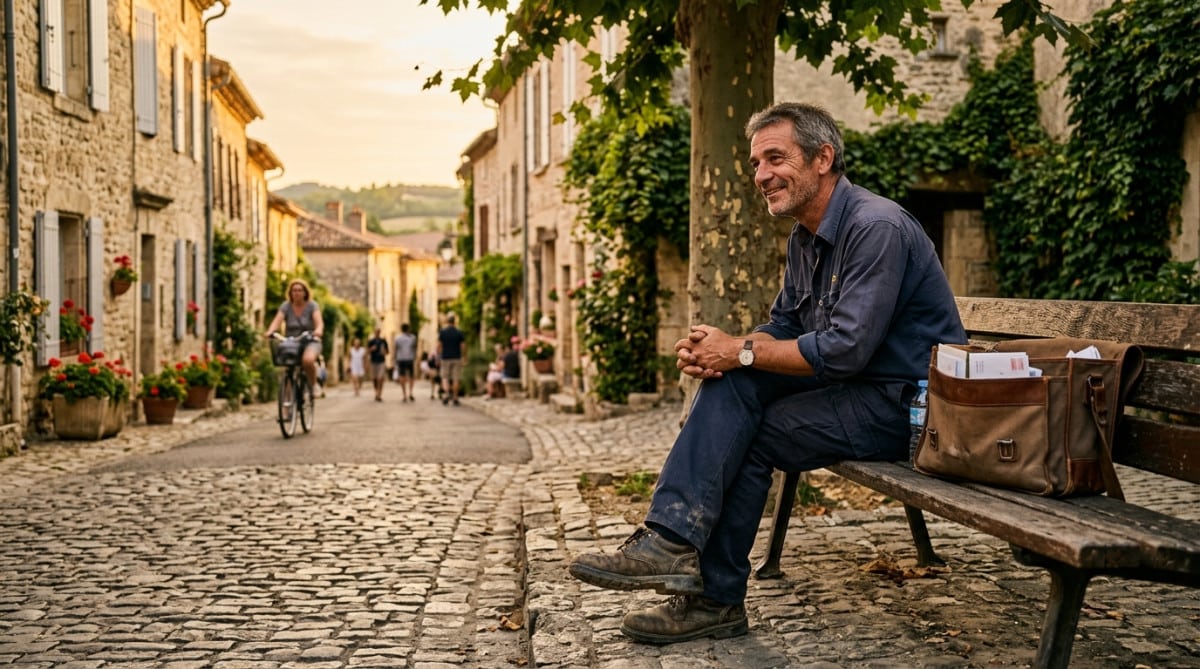 Facteur assis après sa tournée, chaussures usées visibles
