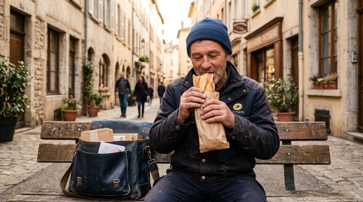 Facteur en pause repas pendant sa tournée