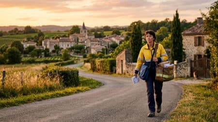 Facteur français marchant avec son sac postal