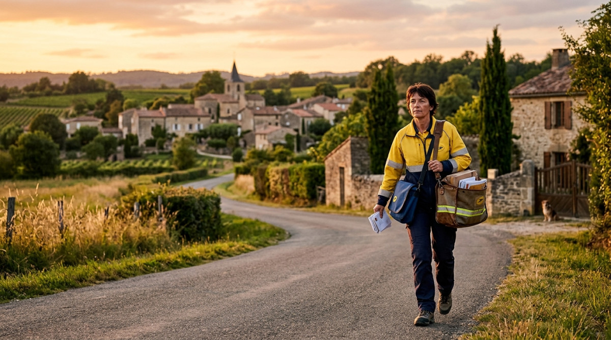 Facteur français marchant avec son sac postal