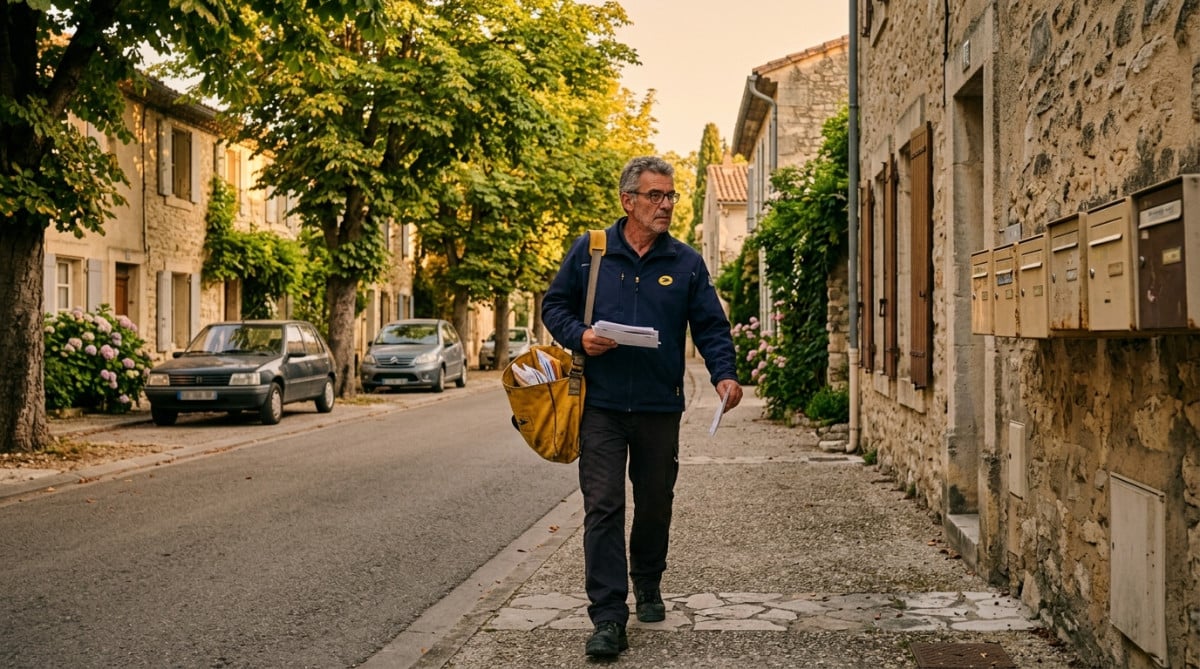 Facteur français marchant dans une rue au petit matin