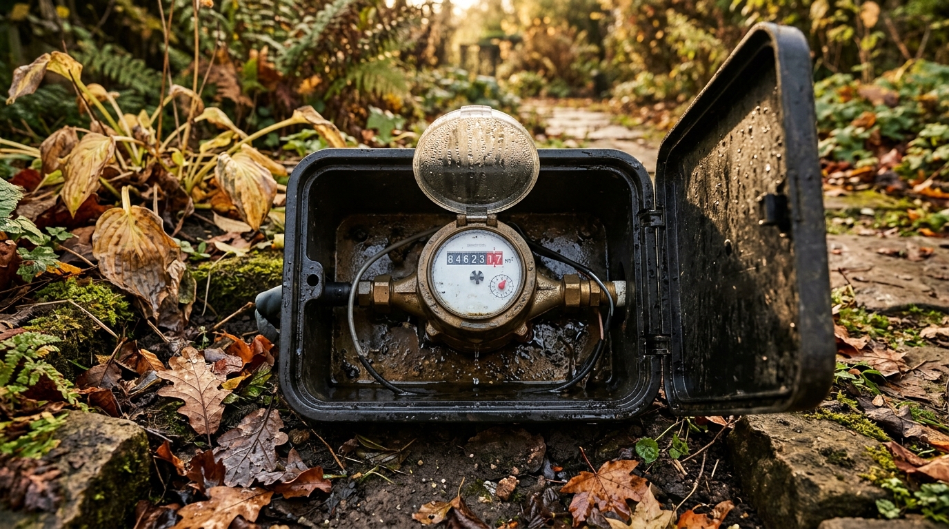 Compteur d'eau extérieur avec traces d'humidité au sol