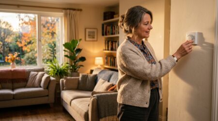 Femme réglant le thermostat un dimanche soir
