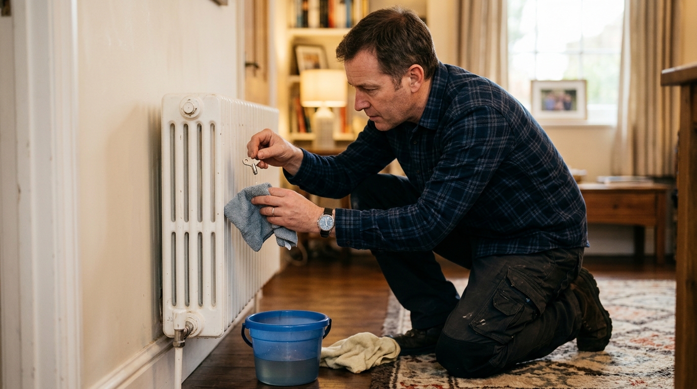 Homme purgeant un radiateur avec une clé