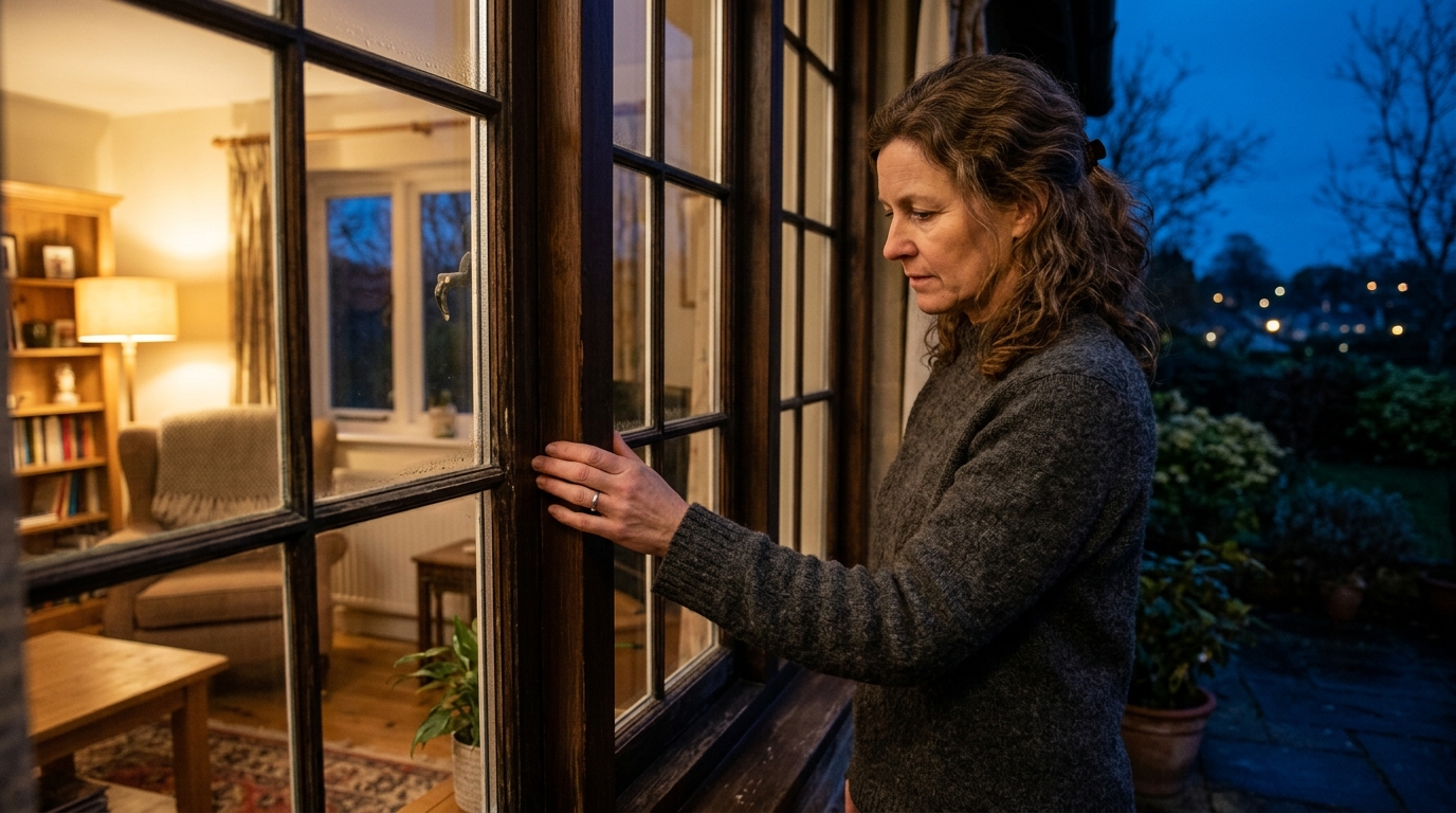 Femme vérifiant les joints d'une fenêtre