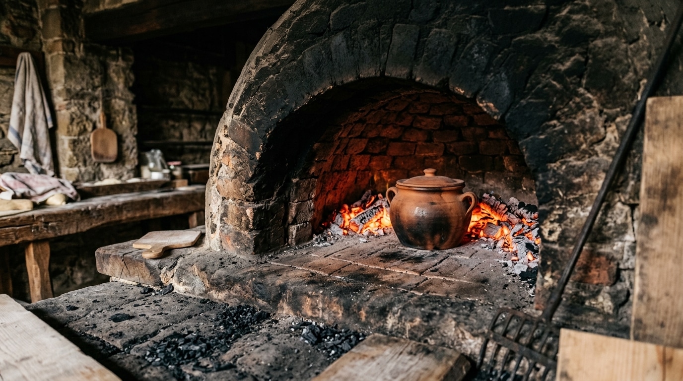 Pot en terre cuite dans un four à bois ancien