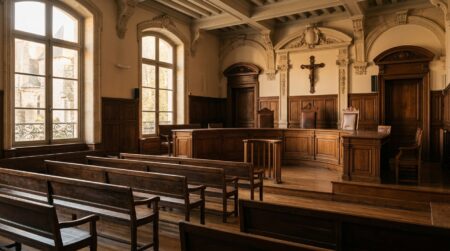 Salle de tribunal vide avec lumière dorée