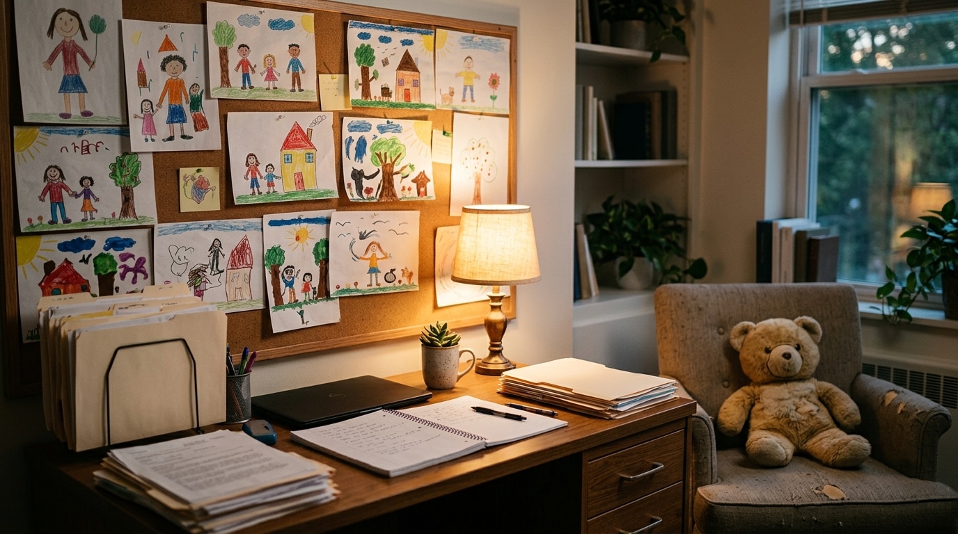 Bureau d'éducateur avec dessins d'enfants affichés