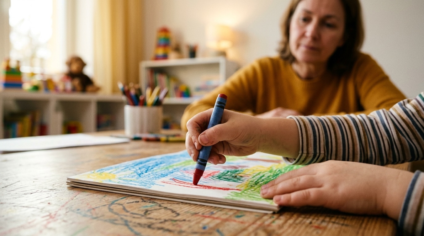 Main d'enfant dessinant lors d'un suivi psychologique