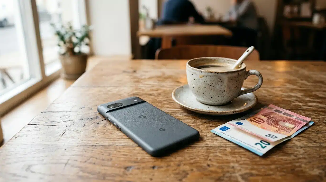 Smartphone posé près d'une tasse de café et de billets d'euros