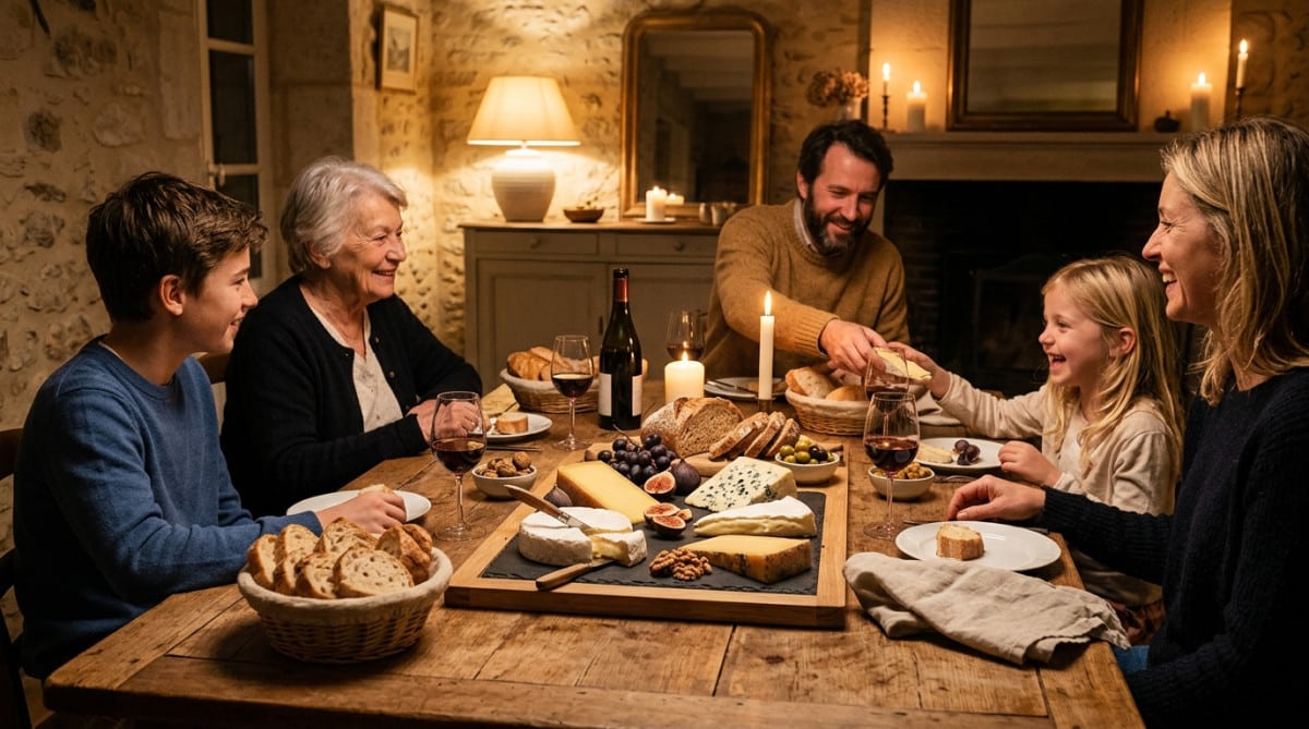 Famille attablée devant un plateau de fromages français varié