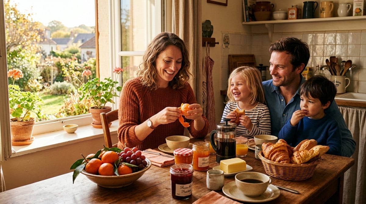 Famille au petit-déjeuner avec clémentines et raisins