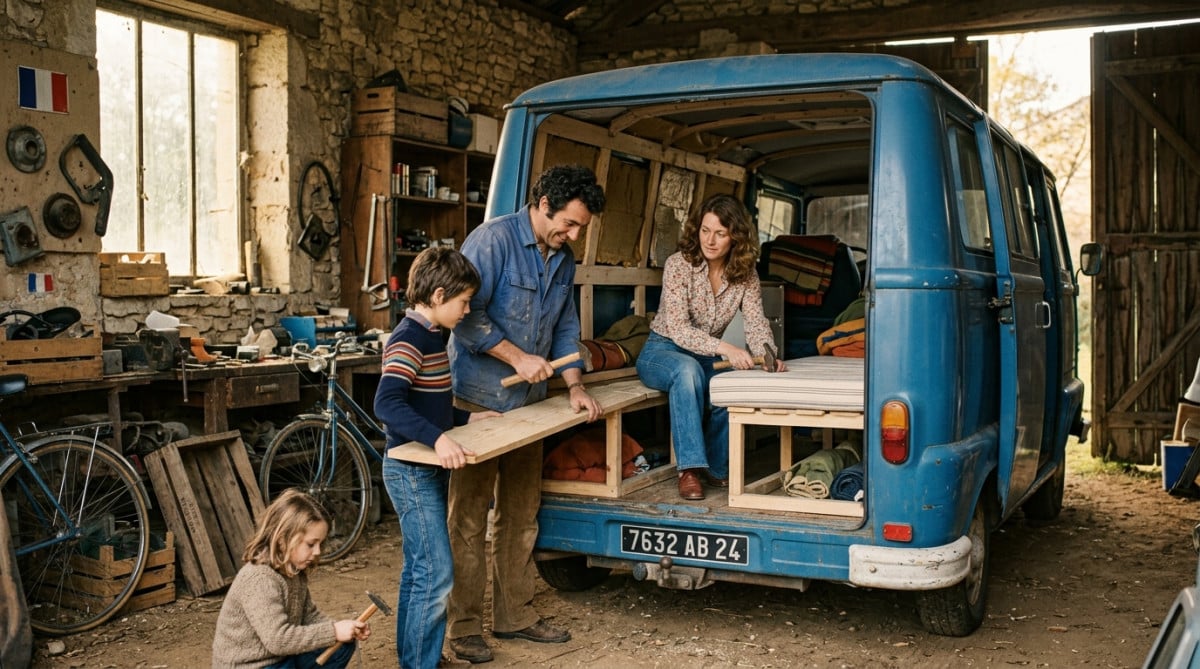 Famille bricolant un camping-car artisanal dans les années 70