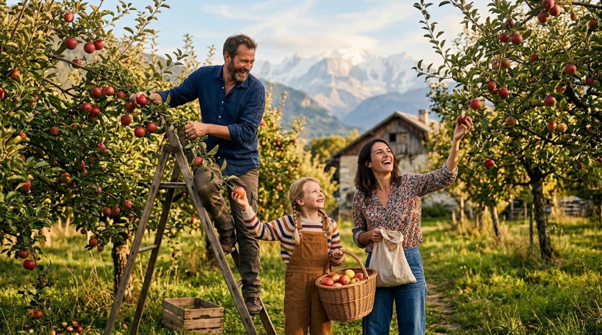Famille cueillant des pommes dans un verger alpin