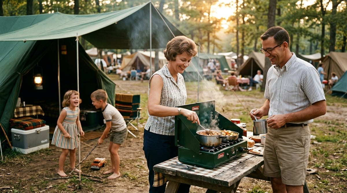 Famille cuisinant sur un camping-gaz sous une bâche en vacances