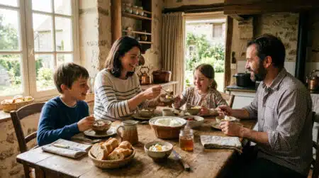 Famille dégustant du fromage frais à table en Picardie