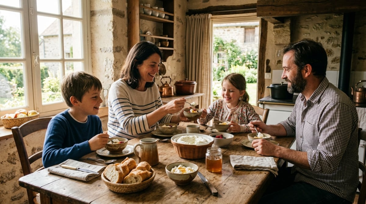 Famille dégustant du fromage frais à table en Picardie