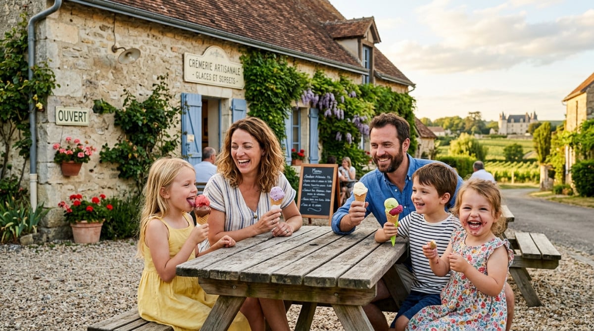 Famille dégustant une glace devant une crèmerie rurale