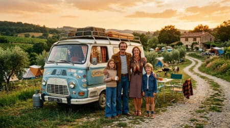 Famille des années 70 devant leur fourgonnette camping-car bricolée