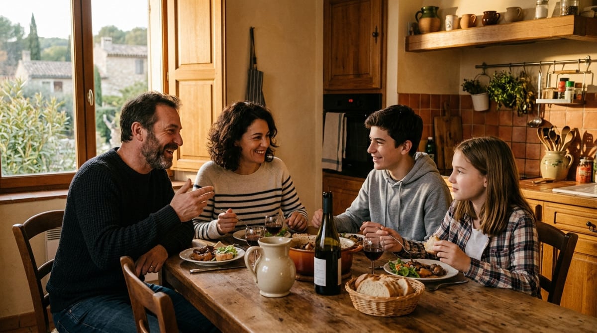 Famille dînant ensemble dans une cuisine chaleureuse