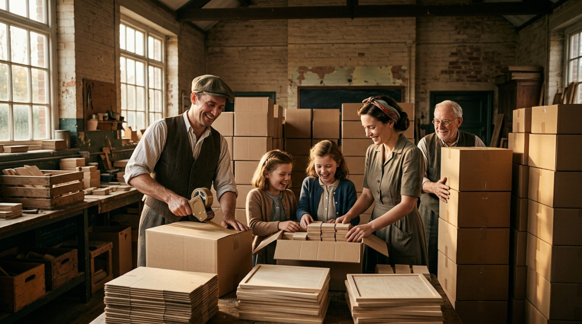 Famille fabriquant des boîtes de jeu dans une ancienne école