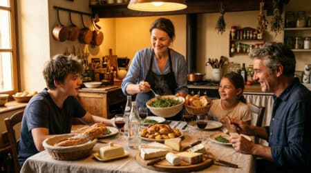 Famille française dînant avec pain et fromage à table