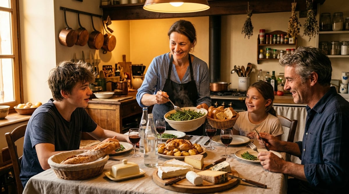 Famille française dînant avec pain et fromage à table