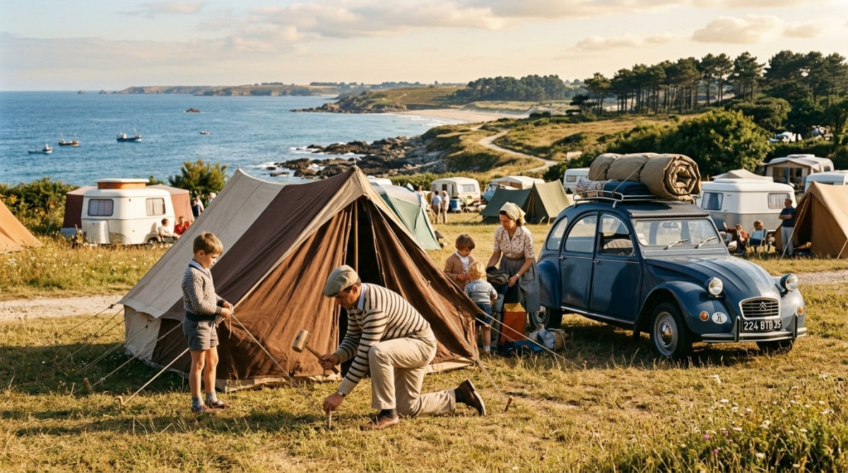 Famille installant une tente en toile sur un camping en 1960