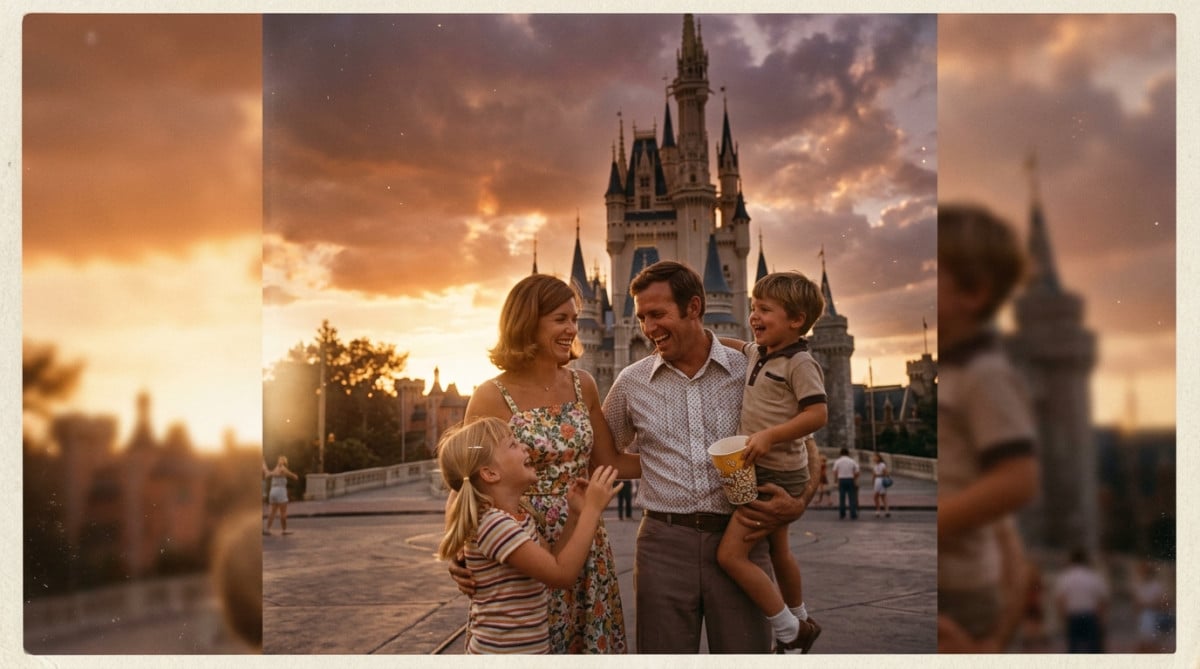 Famille joyeuse devant le château de Walt Disney World en 1971