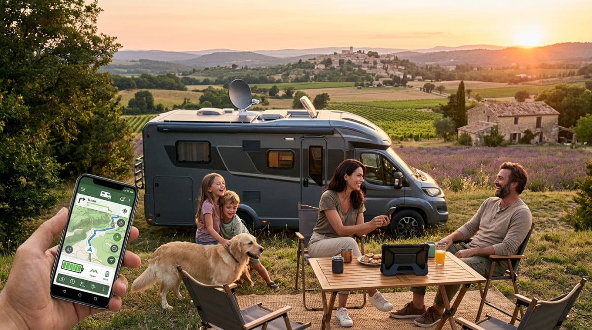 Famille moderne devant un camping-car connecté high-tech en 2026