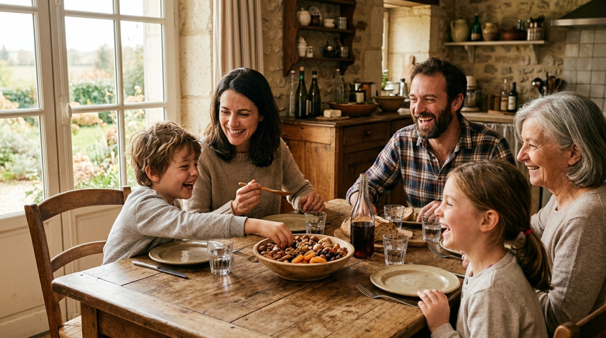 Famille partageant un bol de fruits secs à table
