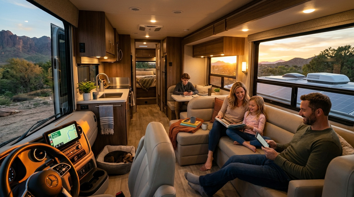 Famille profitant d'un camping-car moderne équipé et connecté