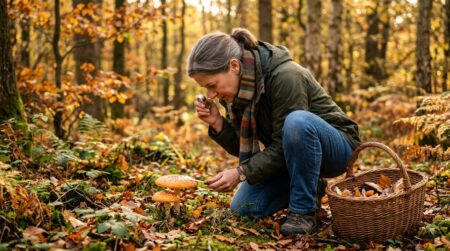 Femme examine un champignon orange en forêt