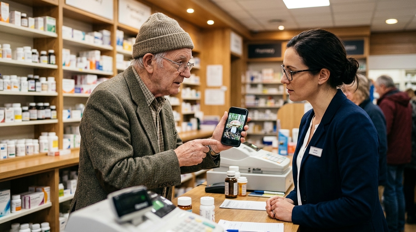 Homme montre une photo de champignon au pharmacien