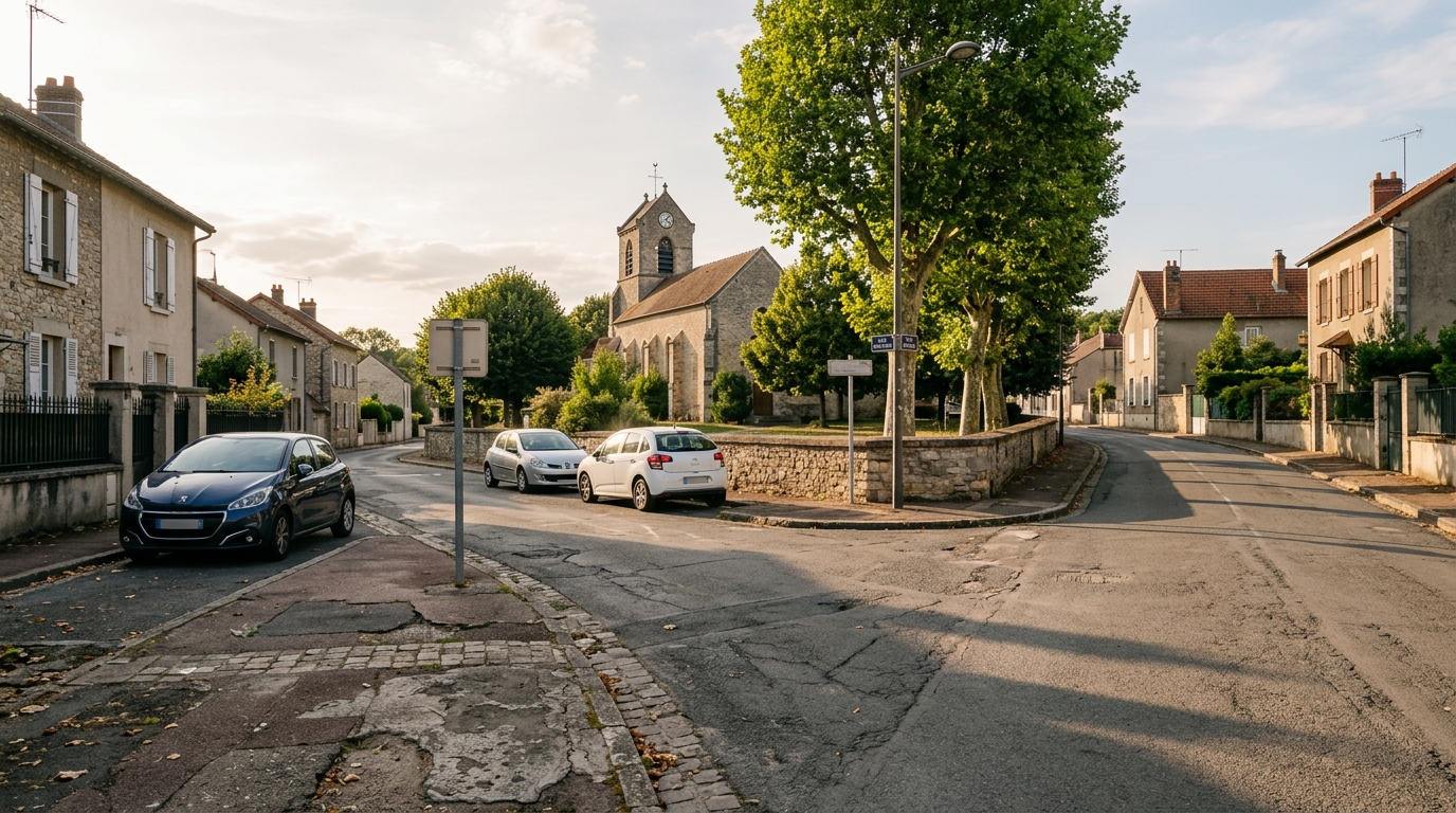 Rue calme d'un quartier avec une église en arrière-plan