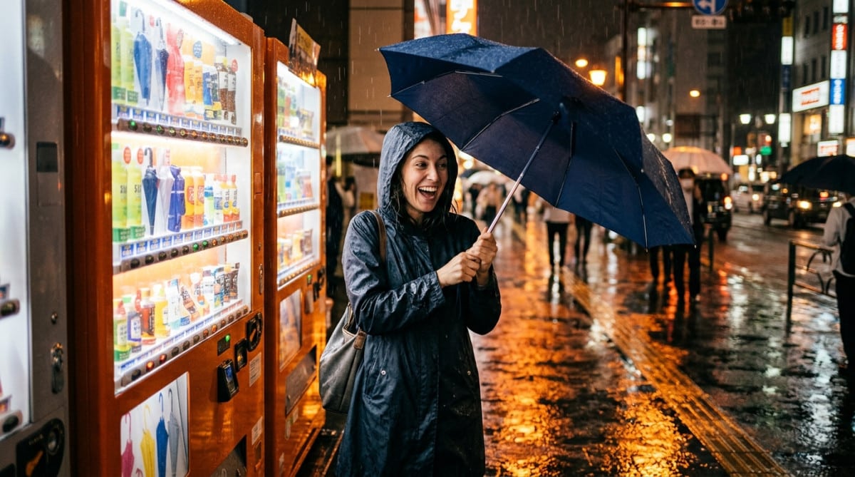 Femme achetant un parapluie à un distributeur sous la pluie
