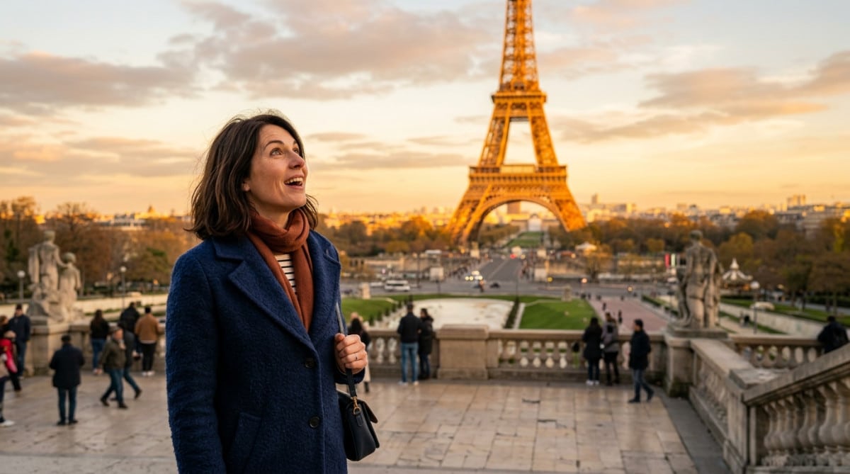 Femme admirant la tour Eiffel depuis le Trocadéro au coucher du soleil